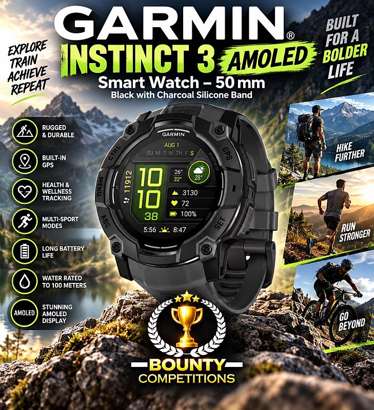 GARMIN Instinct 3 AMOLED Smart Watch - 50 mm, Black with Charcoal Silicone Band🖤