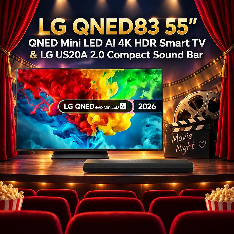 🍿 LG QNED83 55" QNED Mini LED AI 4K HDR Smart TV & LG US20A 2.0 Compact Sound Bar 🍿