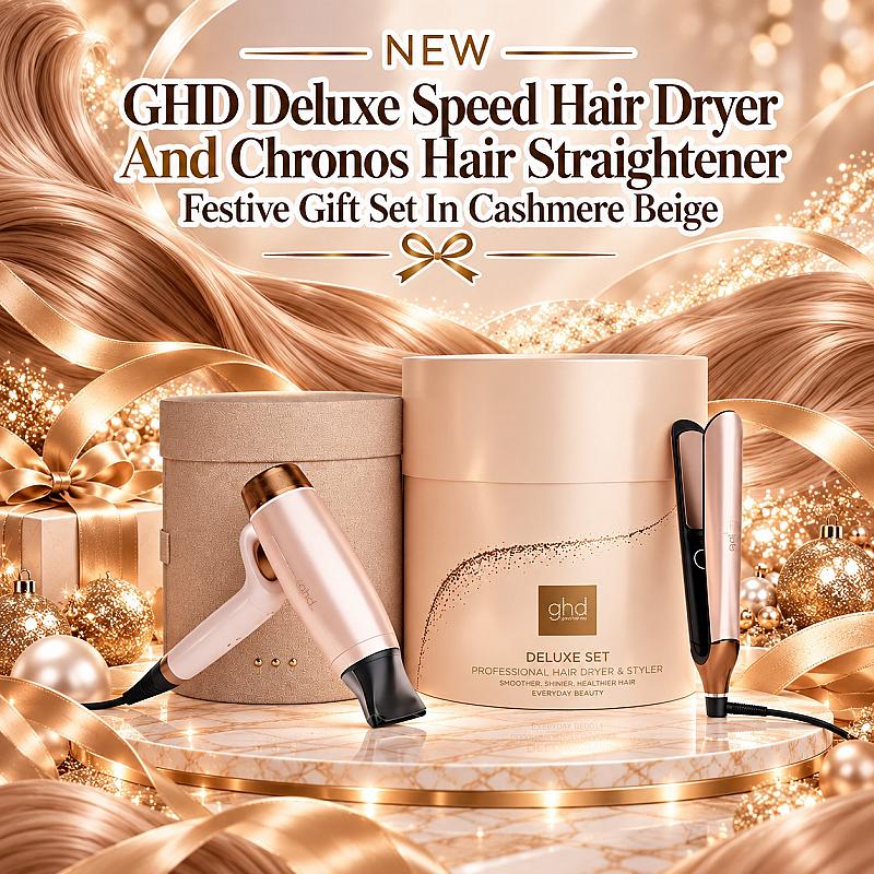 🌟 NEW GHD Deluxe Speed Hair Dryer And Chronos Hair Straightener Festive Gift Set In Cashmere Beige 🌟