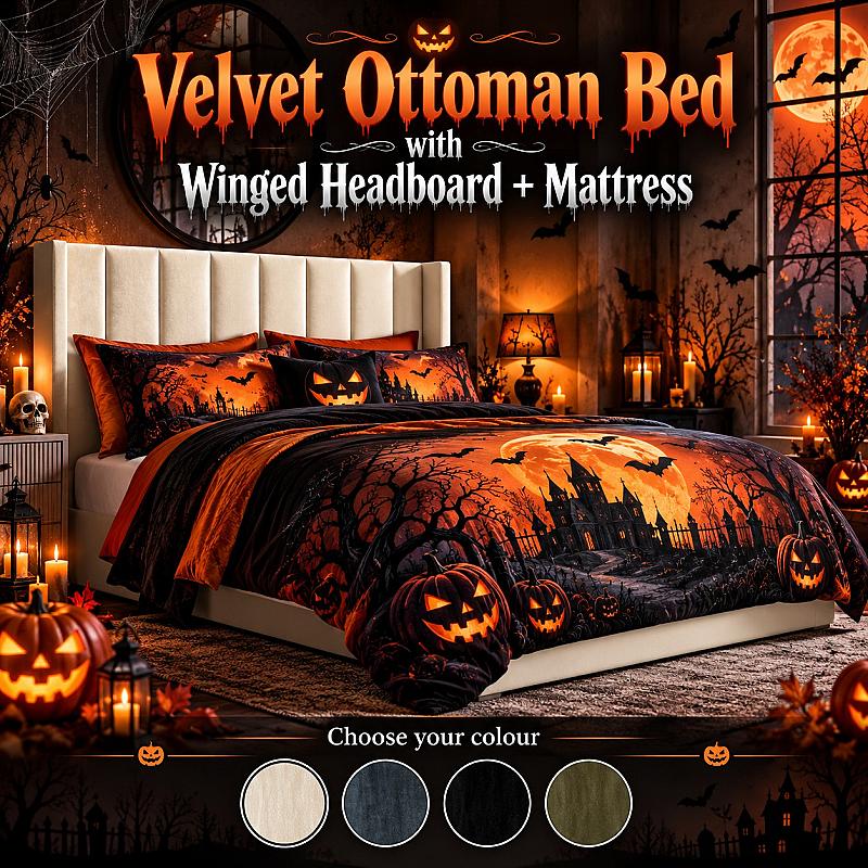 💤 Velvet Ottoman Bed with Winged Headboard + Mattress 💤