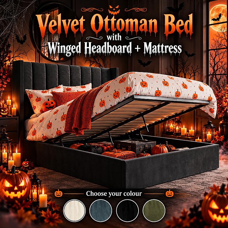 💤 Velvet Ottoman Bed with Winged Headboard + Mattress 💤