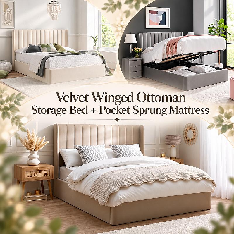 🛏️ Harper Velvet Winged Ottoman Storage Bed + Pocket Sprung Mattress 🛏️