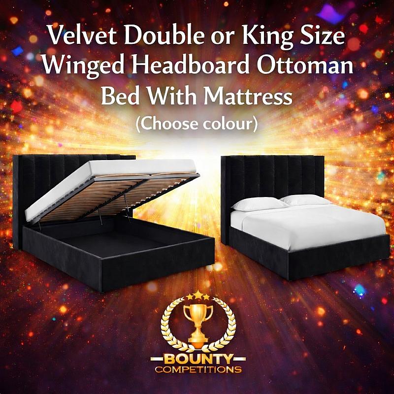 💤 Velvet Double or King Size Winged Headboard Ottoman Bed With Mattress 💤