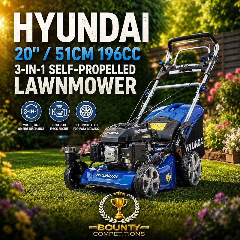 Hyundai 20" / 51cm 196cc 3-in-1 Self-Propelled Lawnmower, Easy Turn, Electric Start, 70L Collector, Rear Discharge & Mulching