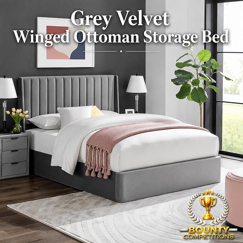 🛏️Grey Velvet Winged Ottoman Storage Bed🛏️