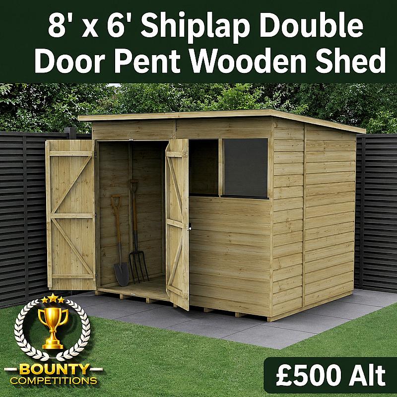 🌳 8' x 6' Shiplap Double Door Pent Wooden Shed🌳