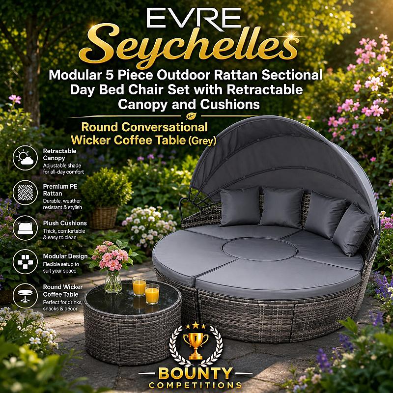 EVRE Seychelles Modular 5 Piece Outdoor Rattan Sectional Day Bed Chair Set with Retractable Canopy and Cushions Round Conversational Wicker Coffee Table (Grey)🩶