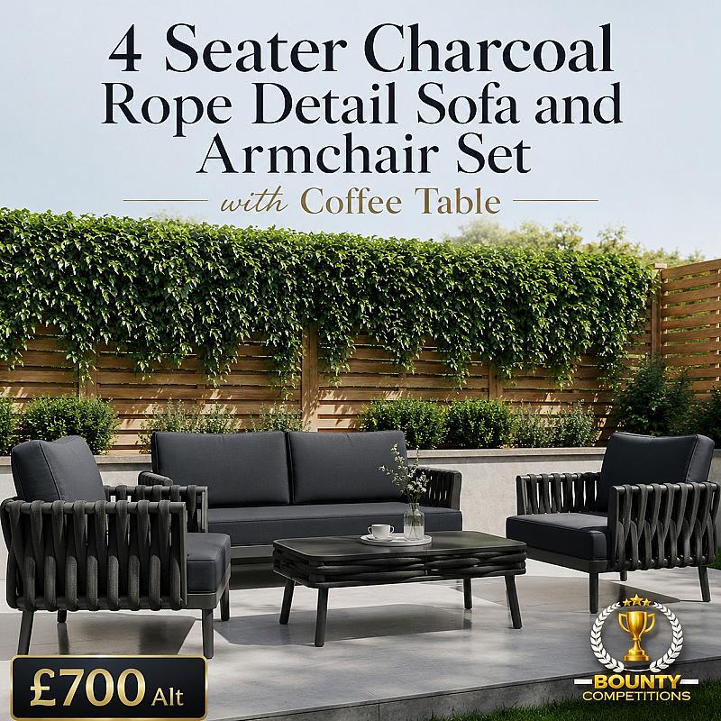 🏡 4 Seater Charcoal Rope Detail Sofa and Armchair Set with Coffee Table 🏡