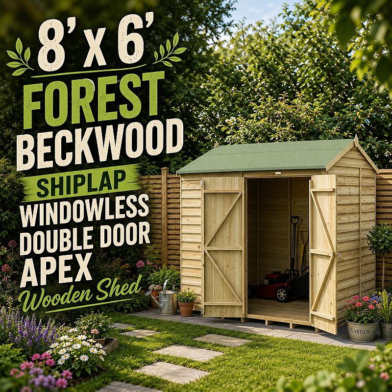 🌳 8' x 6' Forest Beckwood Shiplap Windowless Double Door Apex Wooden Shed 🌳