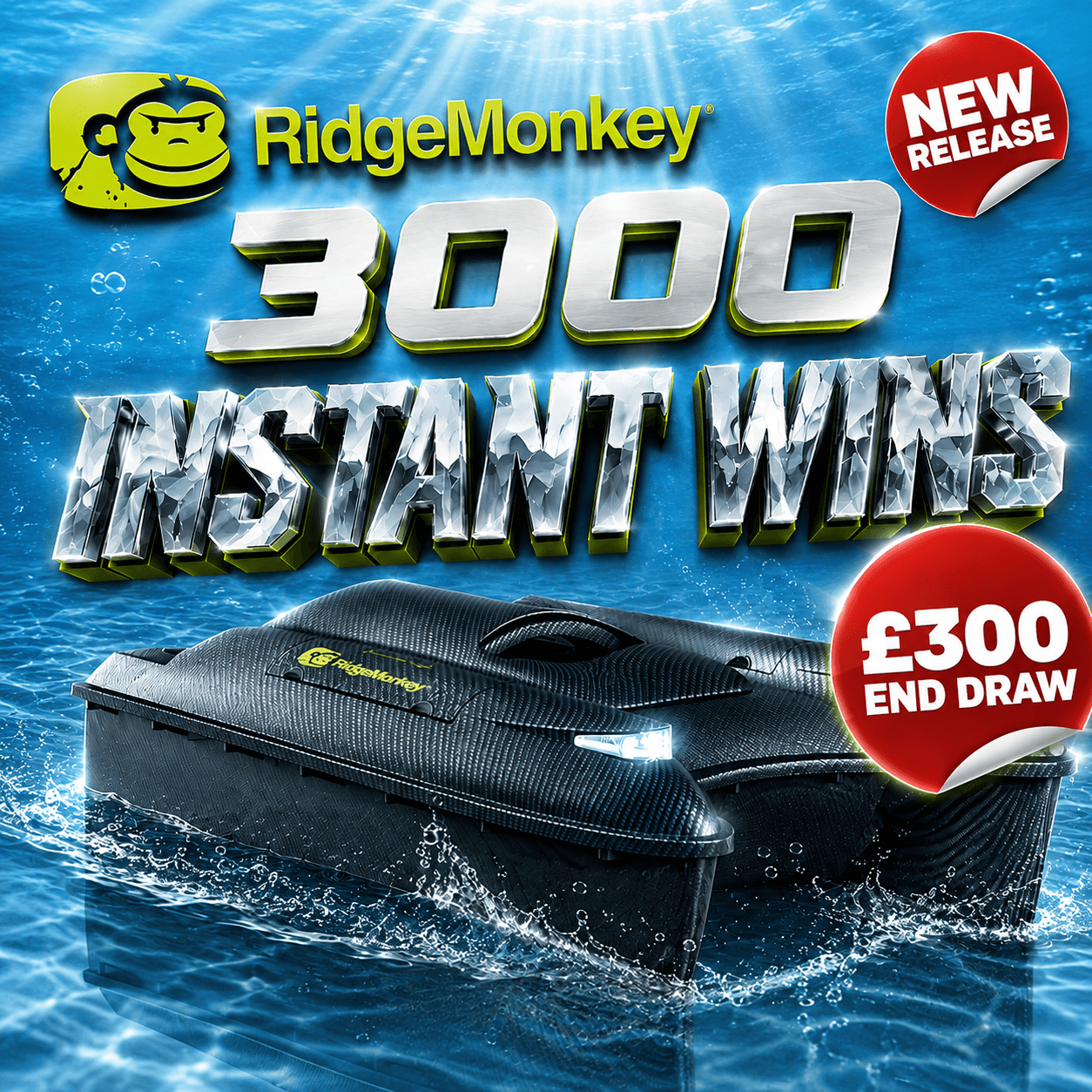 25x RIDGEMONKEY 3000 BAIT BOATS + £300 END DRAW
