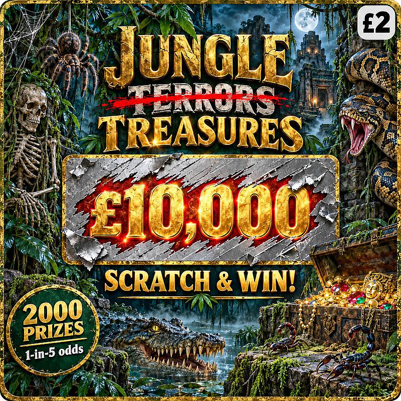 £10,000 Jungle Treasures! 1-In-5 Odds Scratch To Win!
