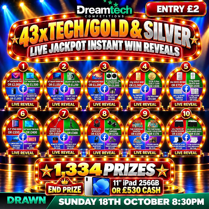 43 x LIVE Tech/Gold & Silver Instant Win Reveal | £26,245 in Prizes + £500 Jackpot End Prize