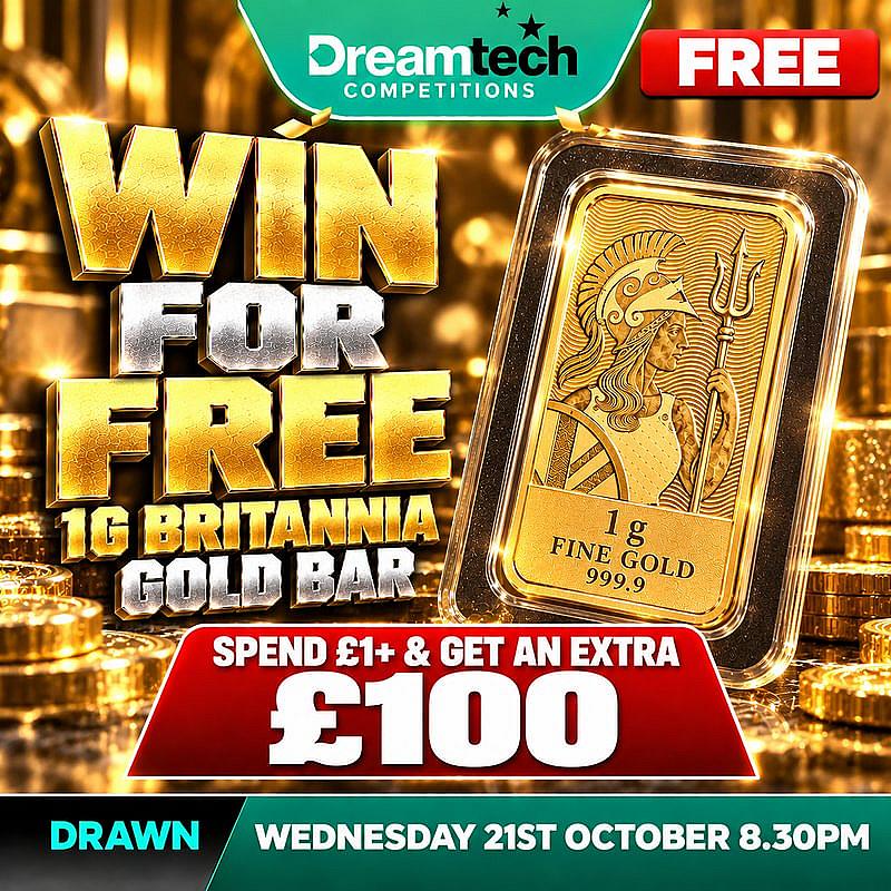 WIN FOR FREE - WIN a 1g Gold Bar | Spend £1+ For an EXTRA £100