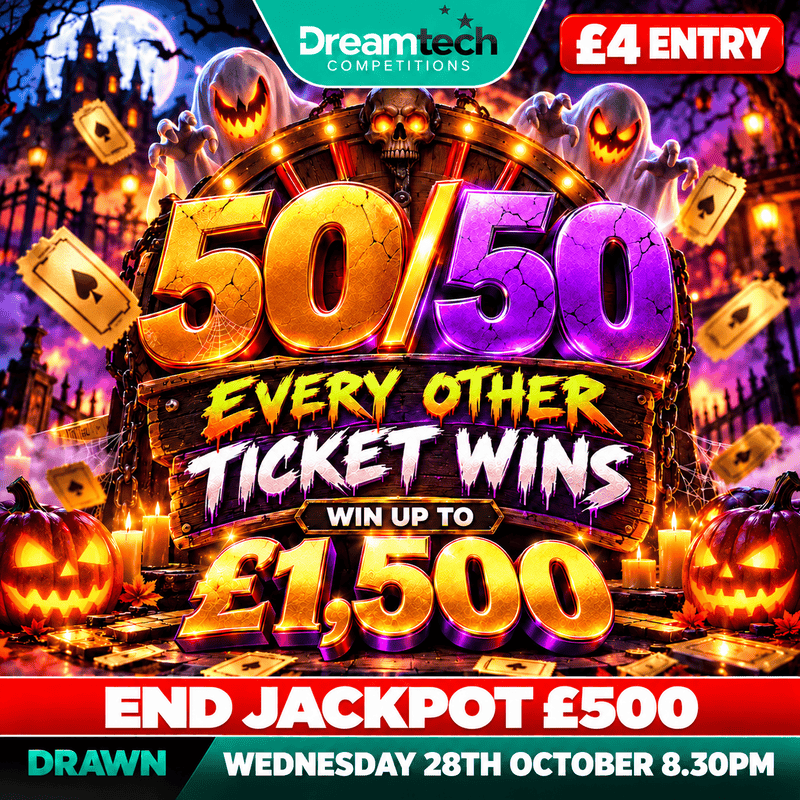 50/50 Every Other Ticket WINS | WIN Upto £1,500 | £35,500 in Prizes | £500 Jackpot
