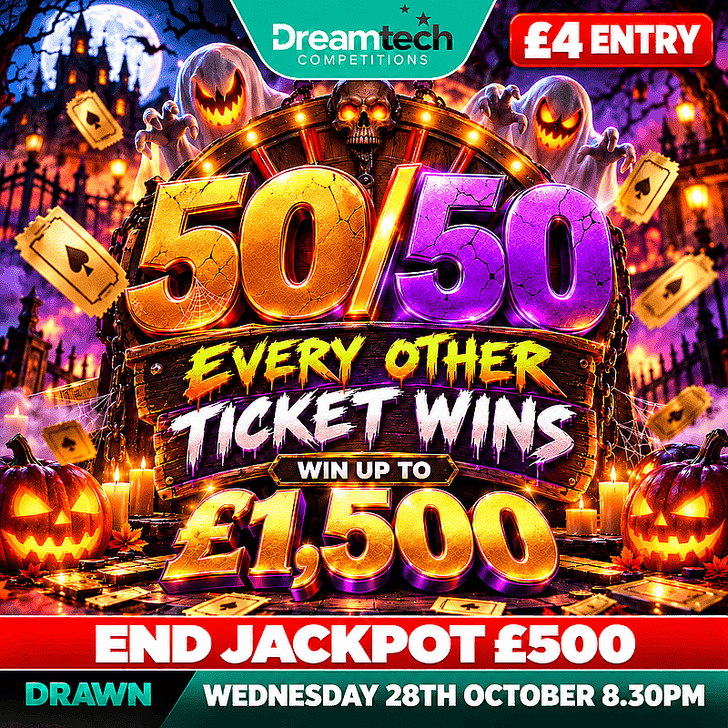 50/50 Every Other Ticket WINS | WIN Upto £1,500 | £35,500 in Prizes | £500 Jackpot