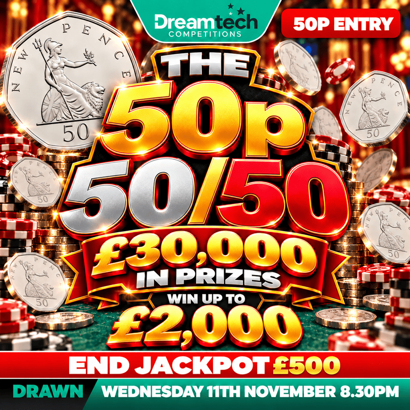 The 50p 50/50 | WIN Upto £2,000 + £500 Jackpot
