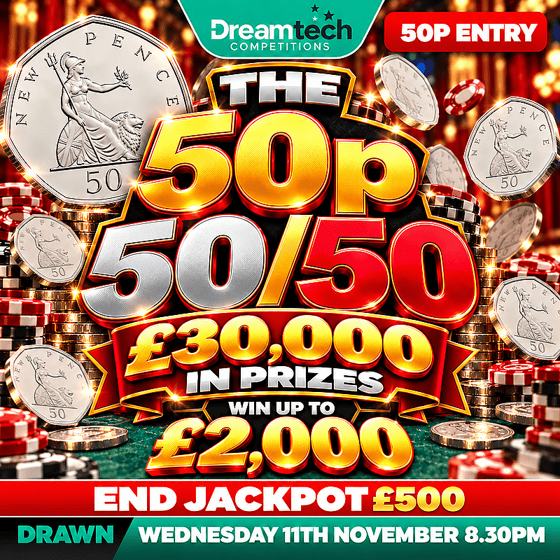 The 50p 50/50 | WIN Upto £2,000 + £500 Jackpot