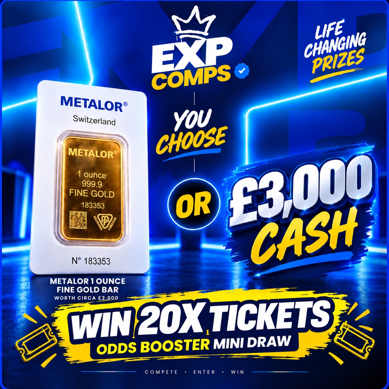 Win 20x 1oz Gold Bar Or £3k Cash Tickets - Draw 2