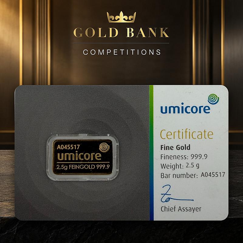 2.5g UMICORE FINE GOLD BAR — OR £250 CASH