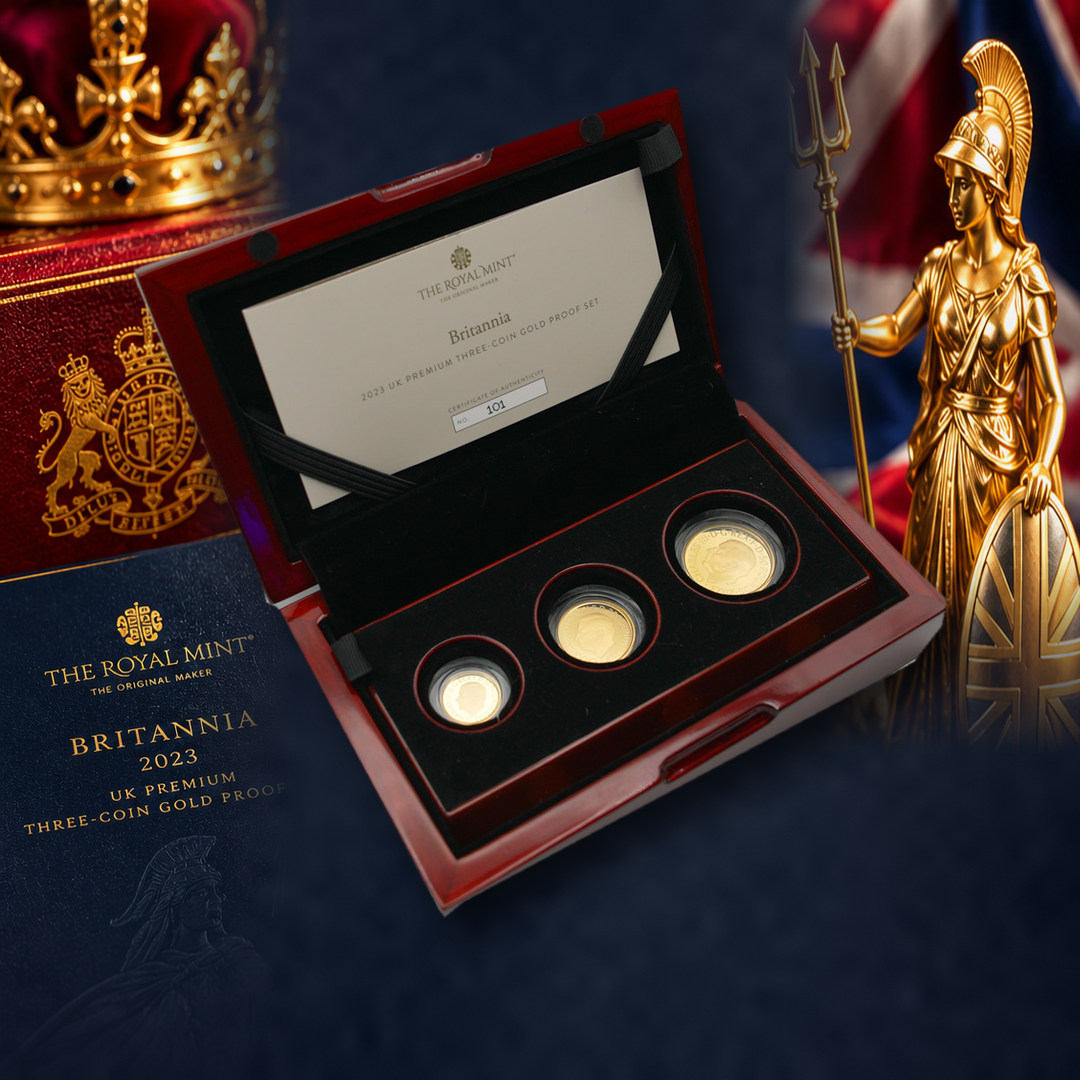 2023 BRITANNIA THREE-COIN GOLD PROOF SET + 10 SILVER INSTANT WINS