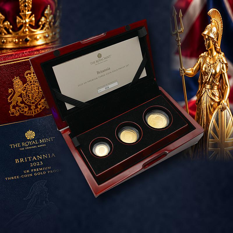 2023 BRITANNIA THREE-COIN GOLD PROOF SET + 10 SILVER INSTANT WINS