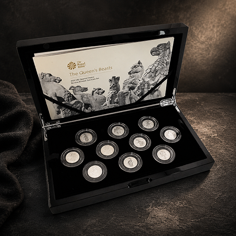 2021 QUEEN’S BEASTS QUARTER-OUNCE REVERSE FROSTED SILVER TEN-COIN SET