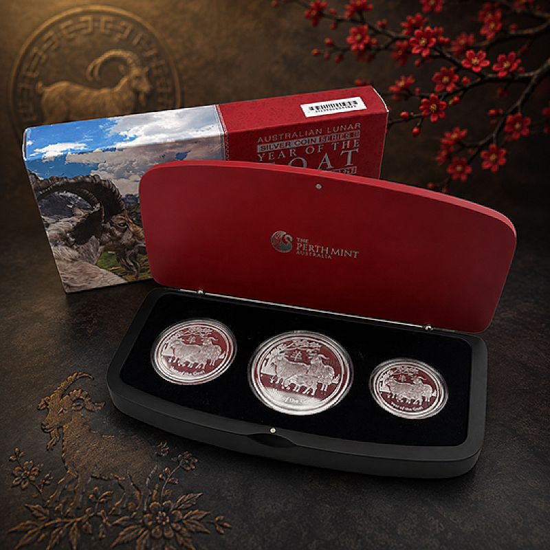 2015 PERTH MINT YEAR OF THE GOAT SILVER PROOF THREE-COIN SET