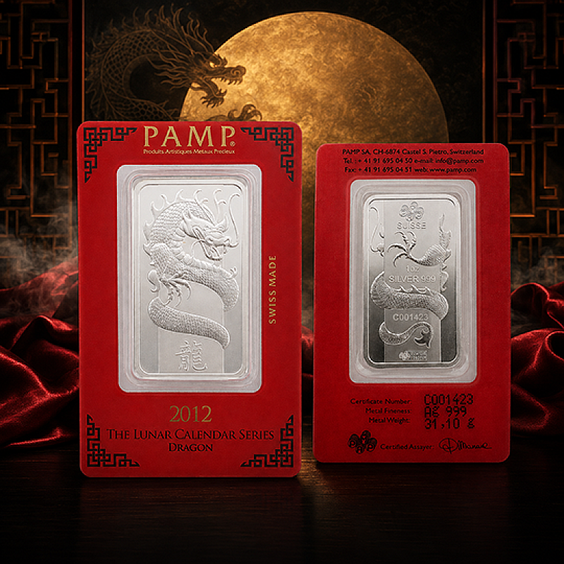 2012 PAMP SUISSE YEAR OF THE DRAGON 1oz FINE SILVER BAR