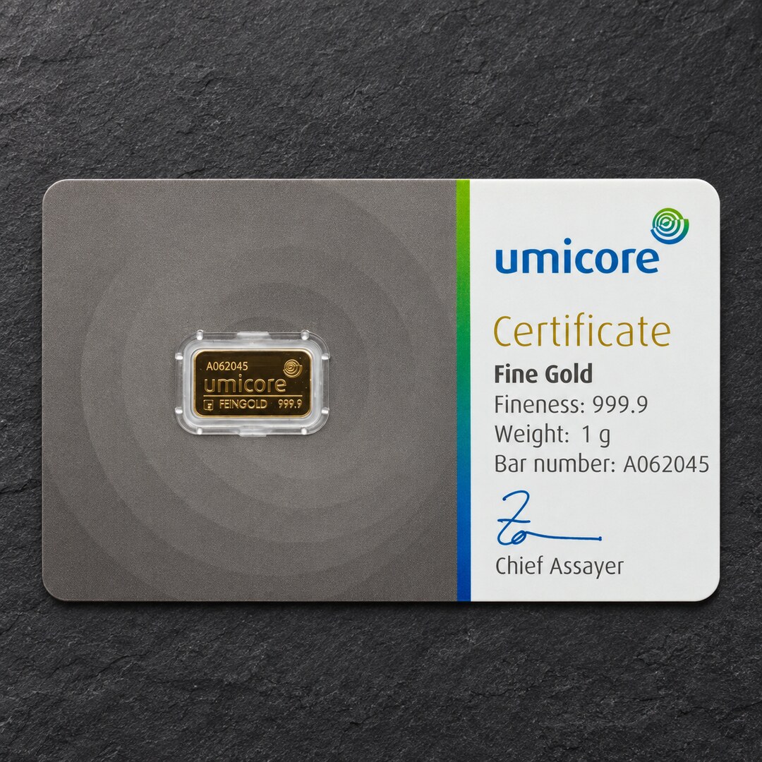 1g UMICORE 999.9 FINE GOLD BAR