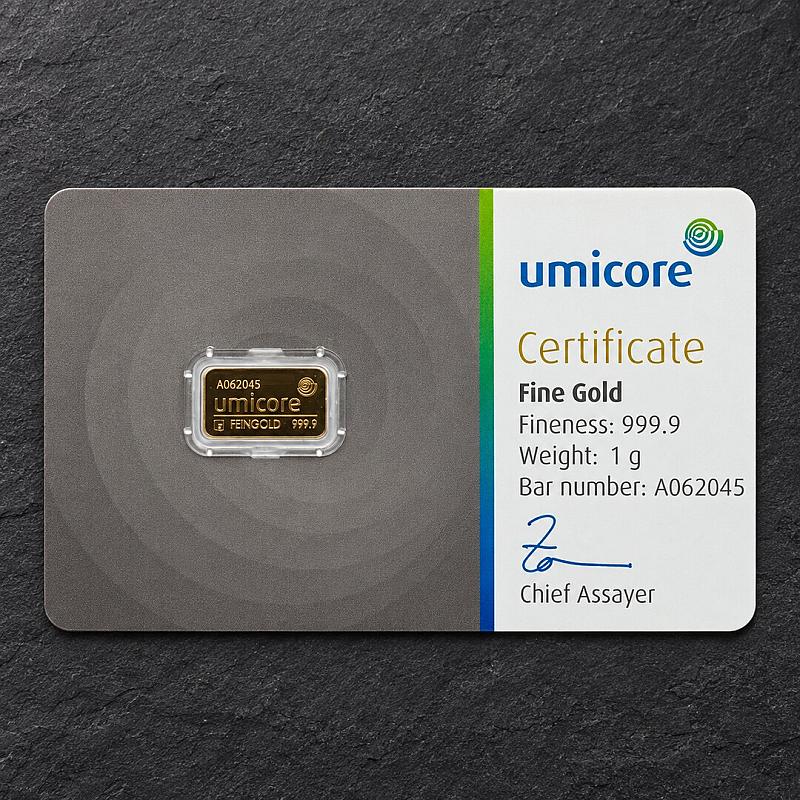 1g UMICORE 999.9 FINE GOLD BAR
