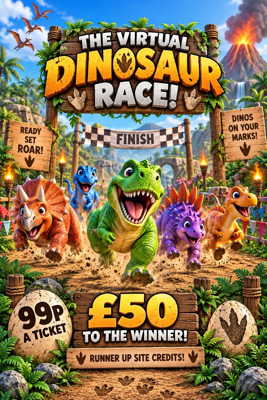 The Virtual Dinosaur Race - Drawn live on 24/9/26 - £50 to the winner plus runner up site credits - 99p a ticket!!