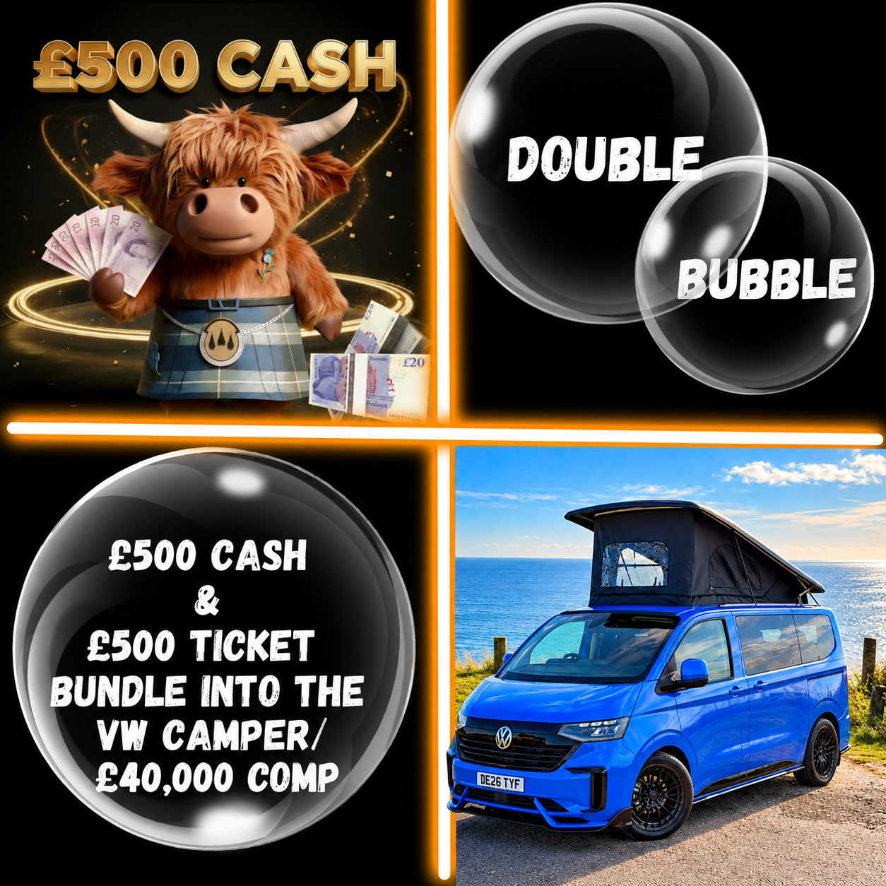 Double Bubble - Win £500 Cash + £500 Ticket bundle into the VW Campervan or £40,000 Cash draw 