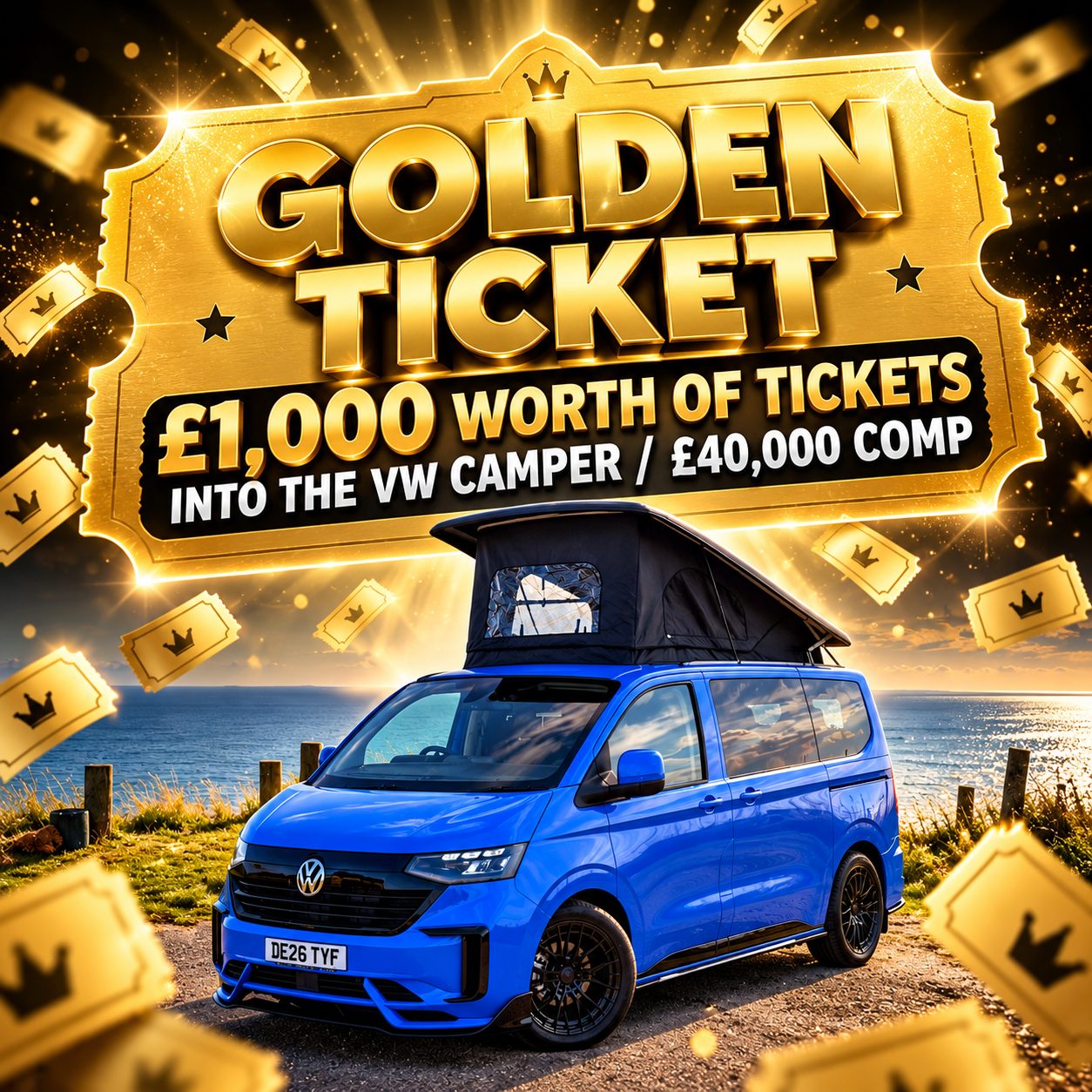 MEGA LOW ODDS - Win a £1,000 Golden Ticket Into The Incredible VW Campervan or £40,000 cash draw