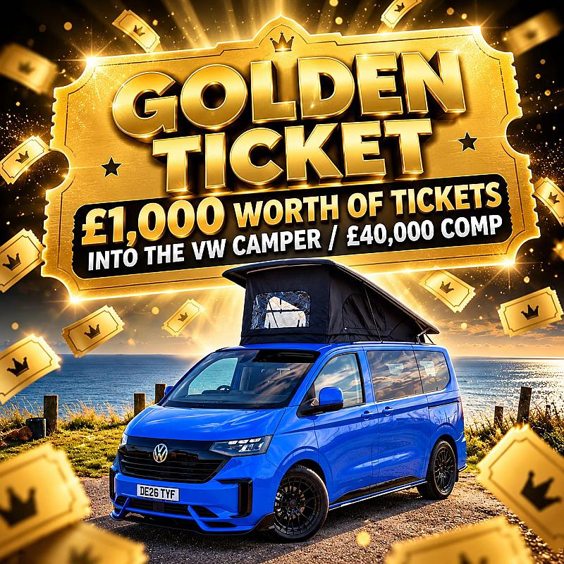 MEGA LOW ODDS - Win a £1,000 Golden Ticket Into The Incredible VW Campervan or £40,000 cash draw