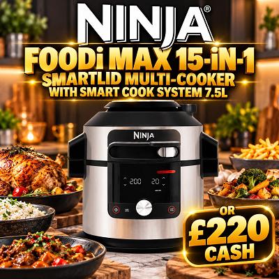 Ninja Foodi MAX 15-in-1 SmartLid Multi-Cooker with Smart Cook System 7.5L or £220 Cash Alt