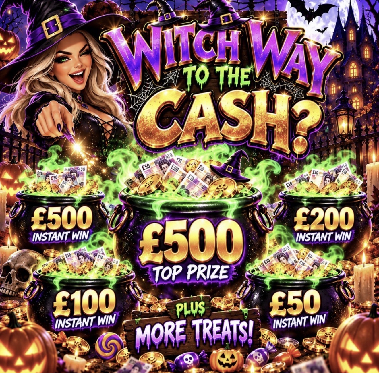 WITCH WAY TO THE CASH! CASH INSTANT WINS HIDING INSIDE.