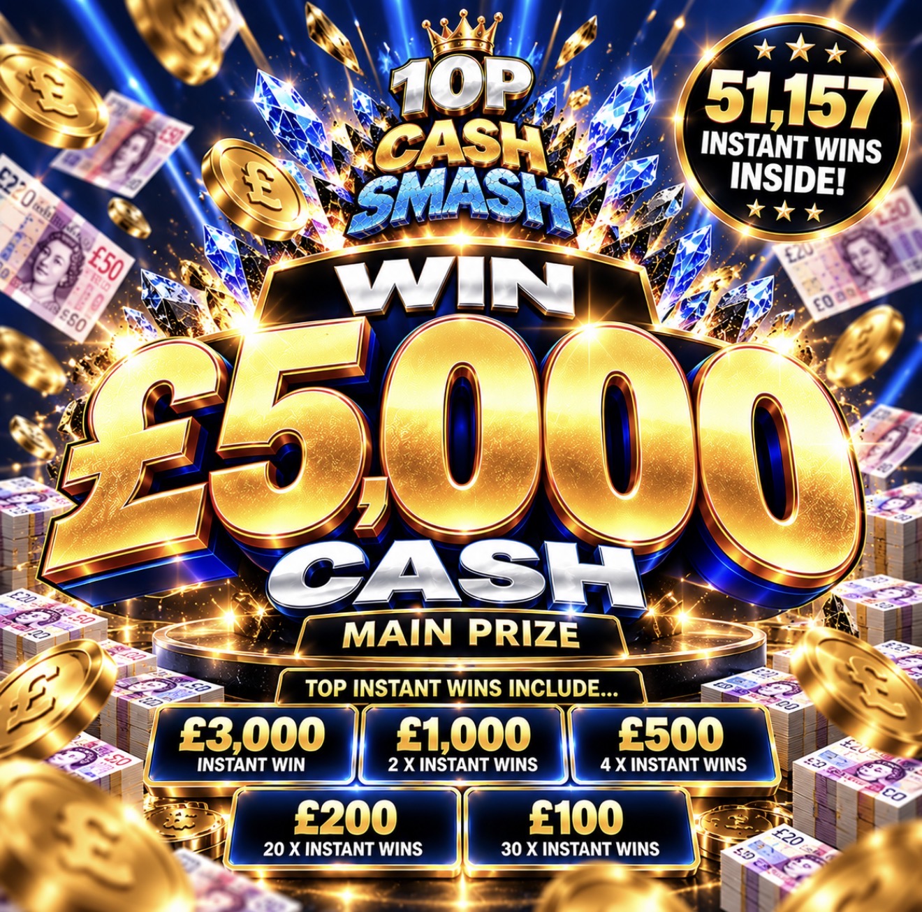 10P CASH SMASH! £5,000 CASH END PRIZE! WIN UP TO £3K INSTANTLY!