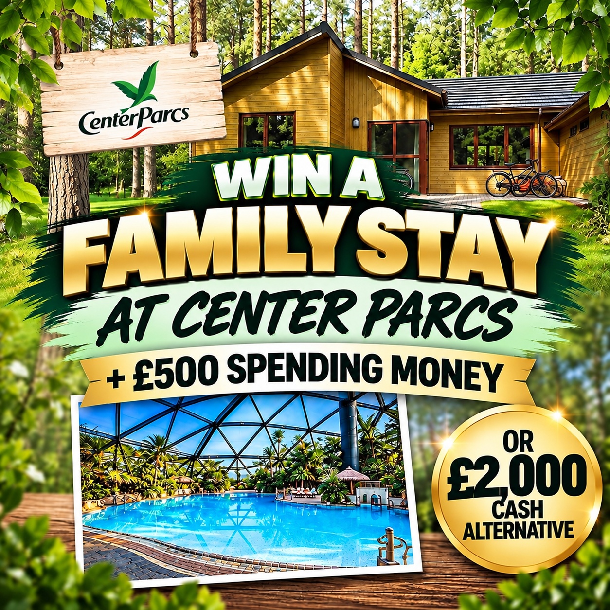 CENTER PARCS BREAK FOR 4 + £500 SPENDING MONEY