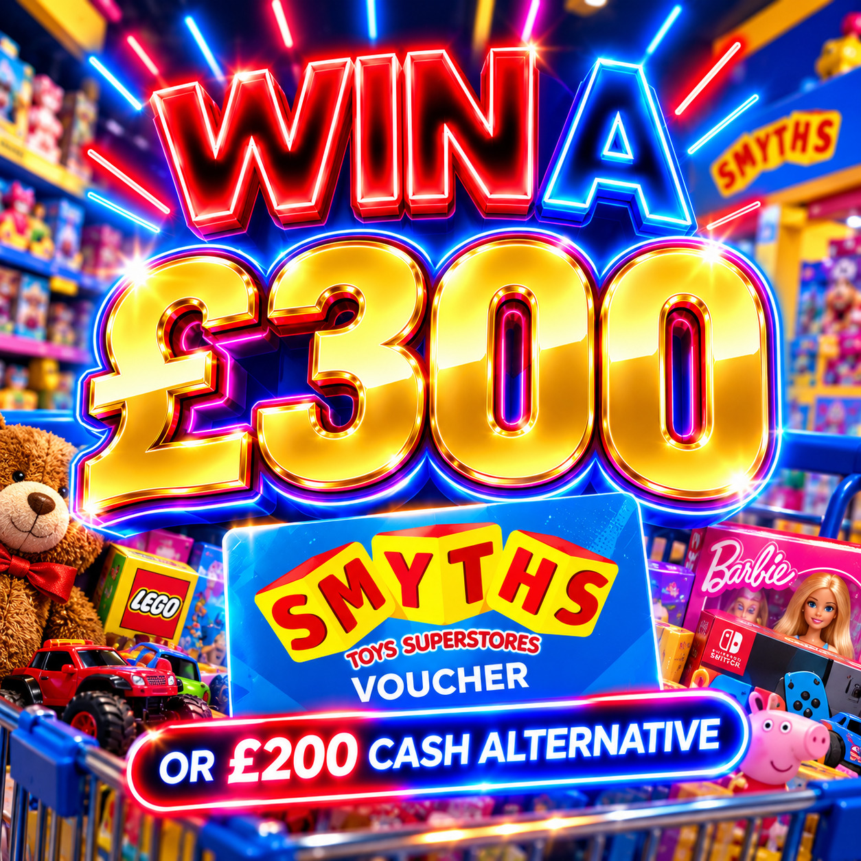 £300 SMYTHS TOYS VOUCHER OR £200 CASH
