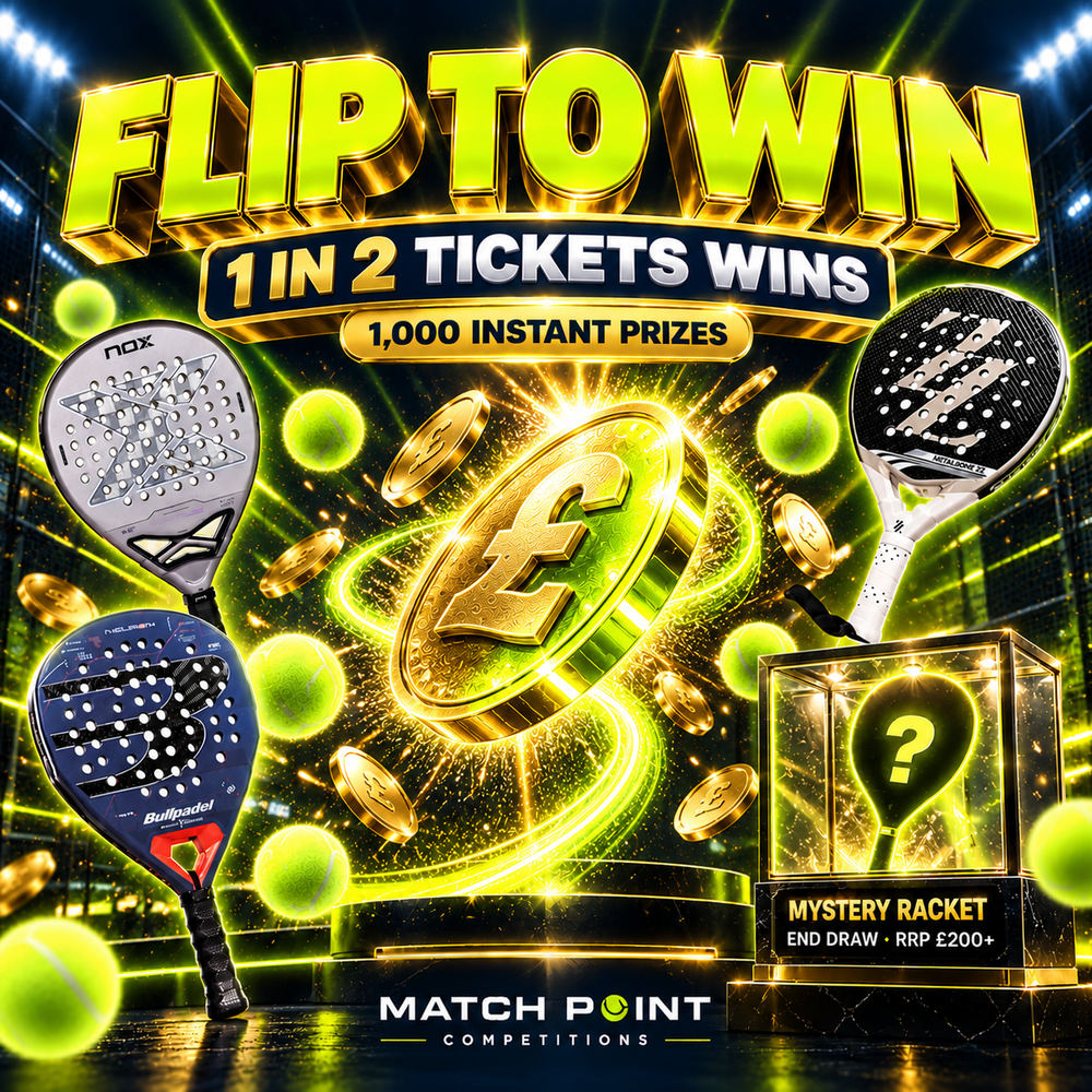 50/50 Chances: 1 in 2 Wins a Prize + Mystery Racket End Draw (RRP £200+) |  Every win worth £2 or more.