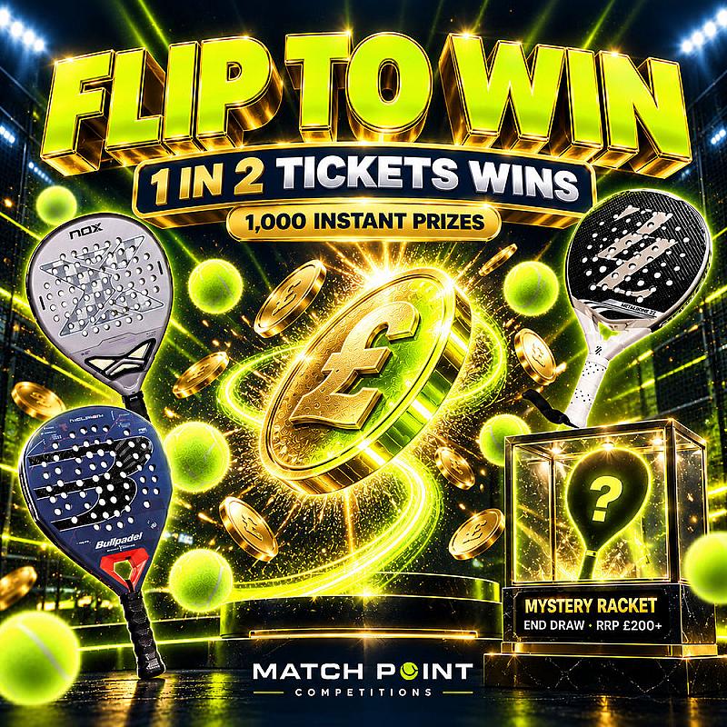 50/50 Chances: 1 in 2 Wins a Prize + Mystery Racket End Draw (RRP £200+) |  Every win worth £2 or more. 