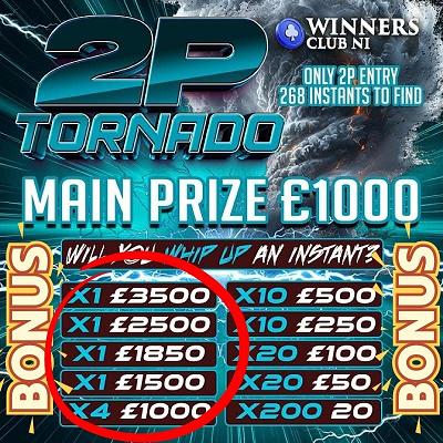 2P TORNADO, WIN UPTO £3.5K INSTANTLY, MAIN PRIZE £1,000, ONLY 2P ENTRY