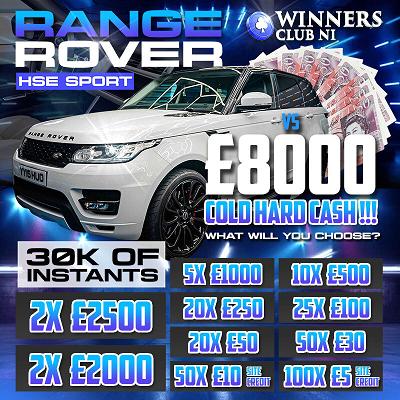 RANGE ROVER HSE SPORT OR £8K CASH, £30K IN INSTANTS TO BE FOUND,ONLY 99P ENTRY