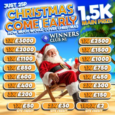 CHRISTMAS COME EARLY, £1500 MAIN PRIZE, SO MUCH TO BE WON INSTANTLY,ONLY 25P ENTRY