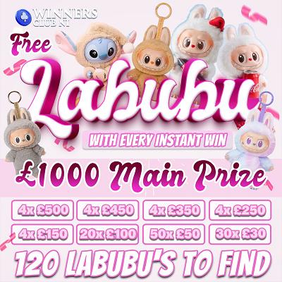 LABUBU HEAVEN,£1K MAIN PRIZE,LOADS OF INSTANT TO BE FOUND,FREE LABUBU WITH EVERY INSTANT WIN, ONLY 10P ENTRY