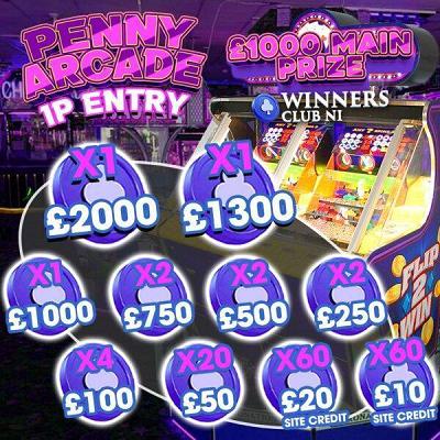 PENNY ARCADE, UNBEATABLE CASH FOR 1P, £1,000 MAIN PRIZE, 1P ENTRY